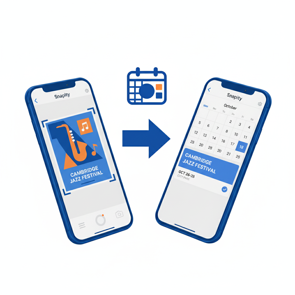 Snapity app workflow showing poster scanning to calendar integration